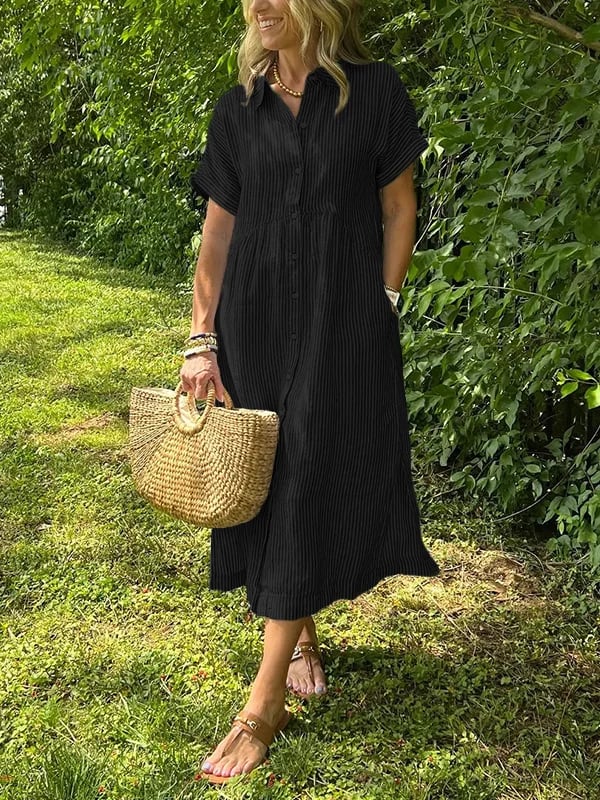 Striped Button-Front Midi Shirt Dress with Short Sleeves and Collar — side view