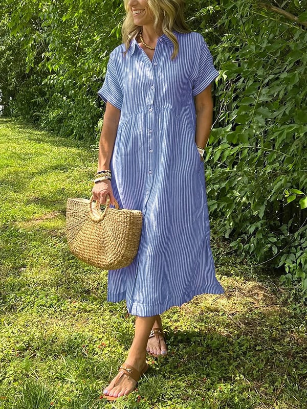 Striped Button-Front Midi Shirt Dress with Short Sleeves and Collar