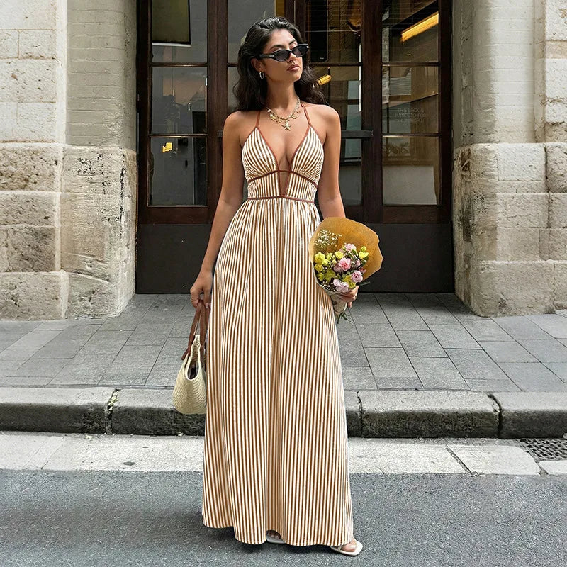 Striped Maxi Dress – Elegant Backless Halter Neck for Summer Outings — back view