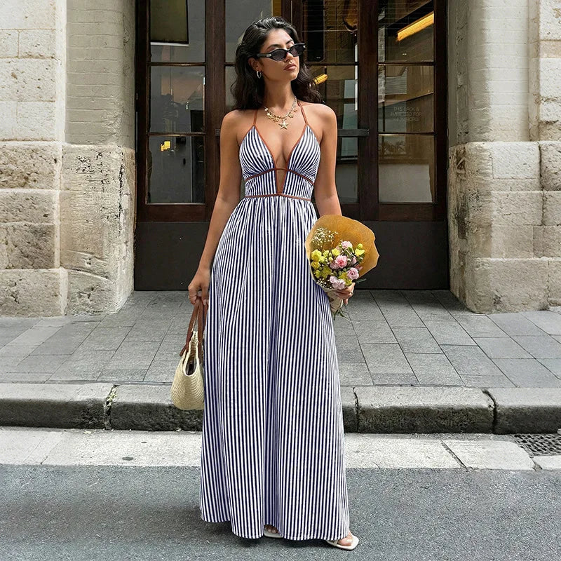 Striped Maxi Dress – Elegant Backless Halter Neck for Summer Outings — detail view