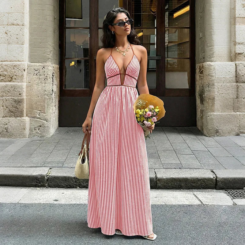 Striped Maxi Dress – Elegant Backless Halter Neck for Summer Outings — model wearing