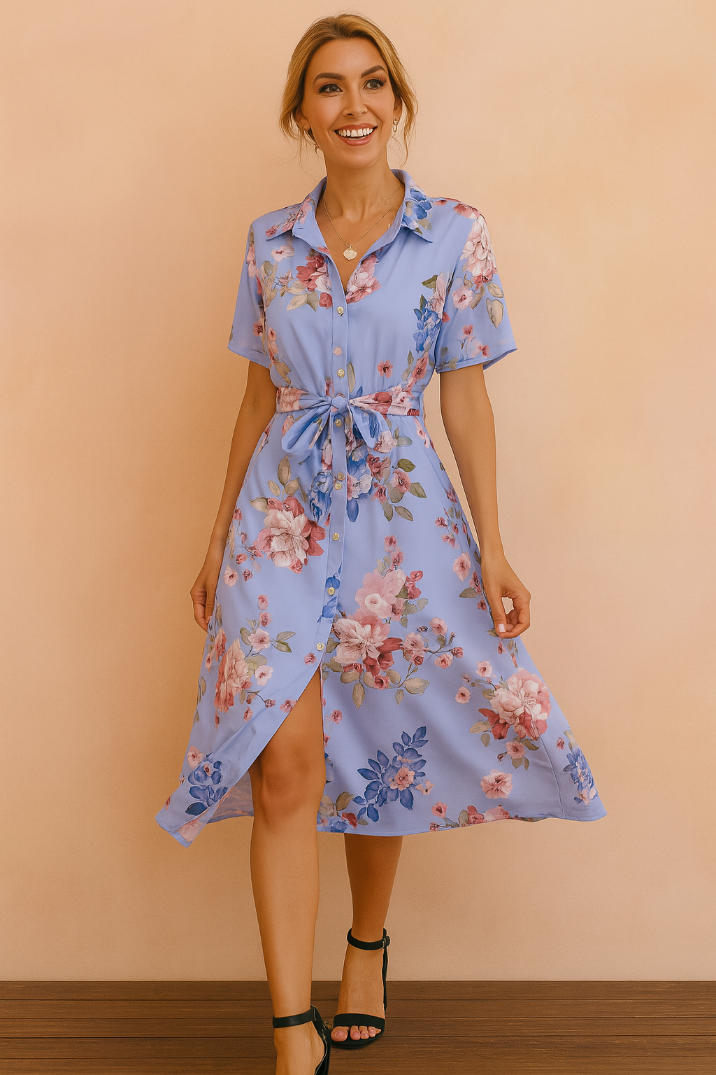 Stylish Belted Midi Dress with Slit | Modern Womens Fashion — back view