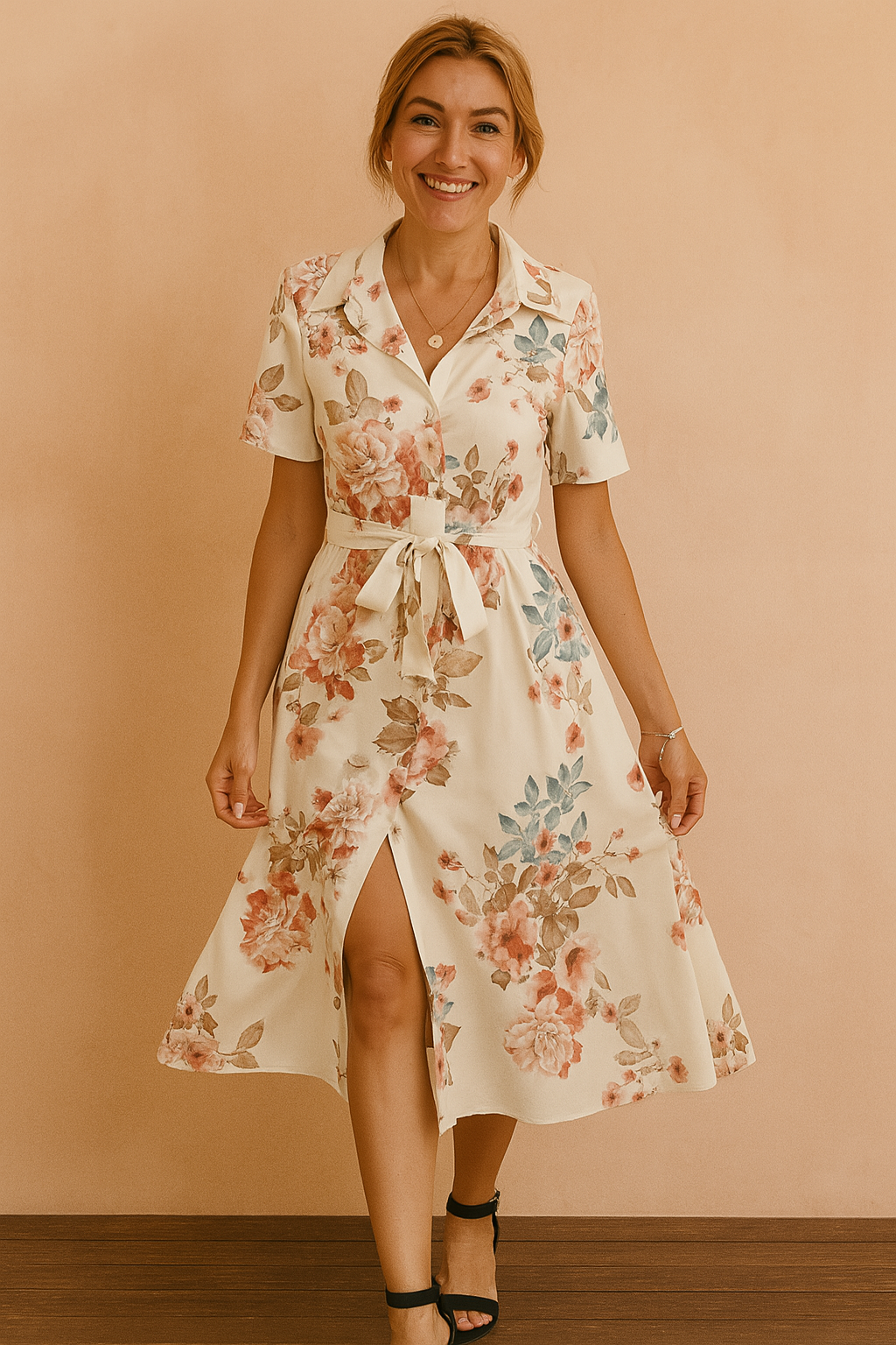 Stylish Belted Midi Dress with Slit | Modern Womens Fashion — side view