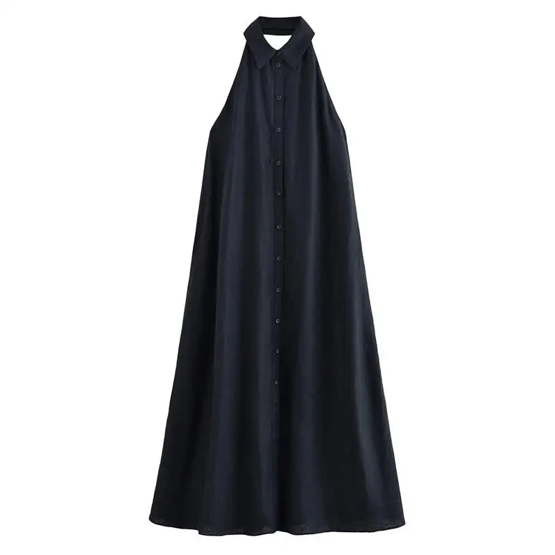 Summer Chic Long Dress – Elegant Neck-Hanging Design for Effortless Holiday Style — model wearing