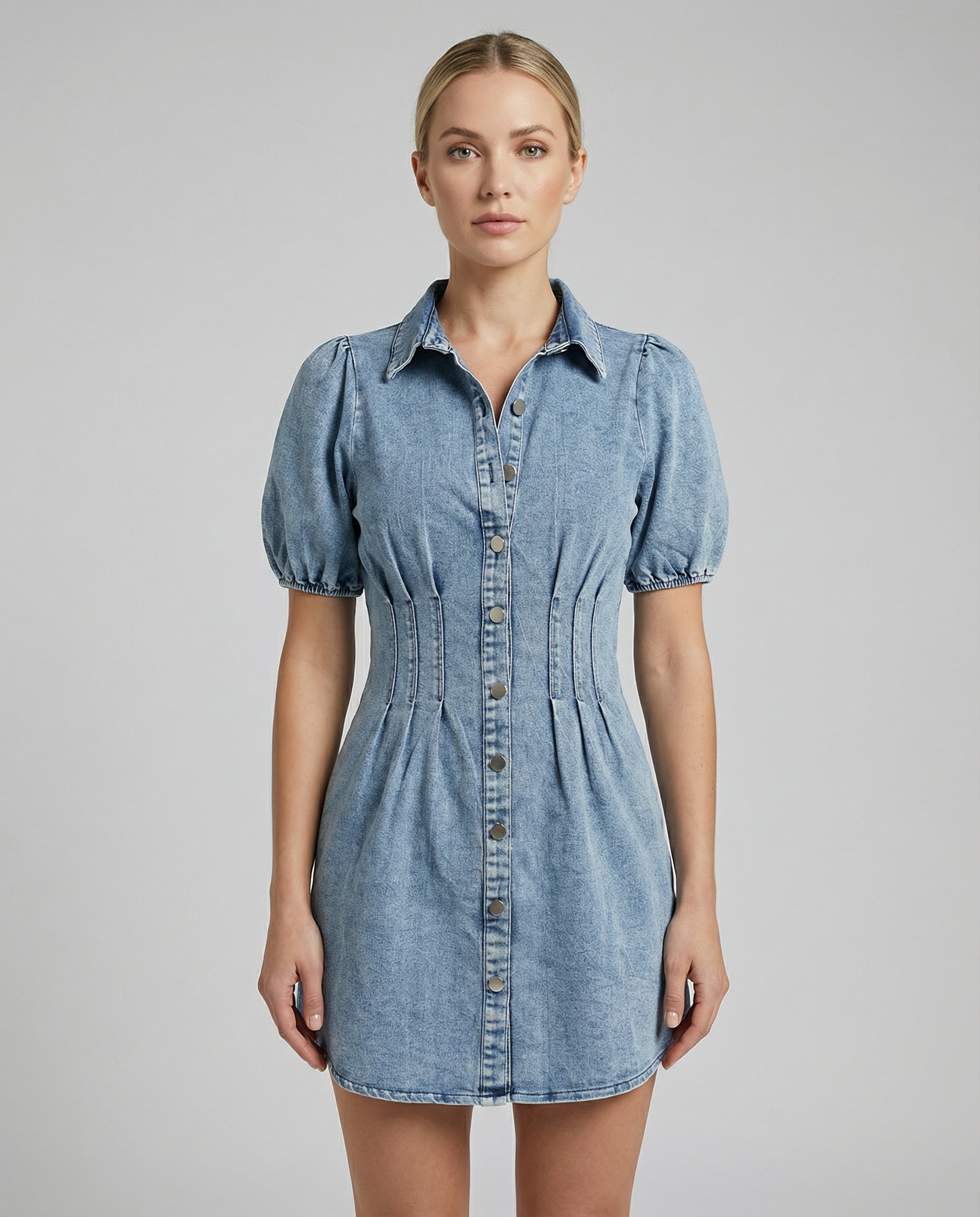 Summer Denim Dress – Puff Sleeve A-Line Style for Casual Outings — detail view