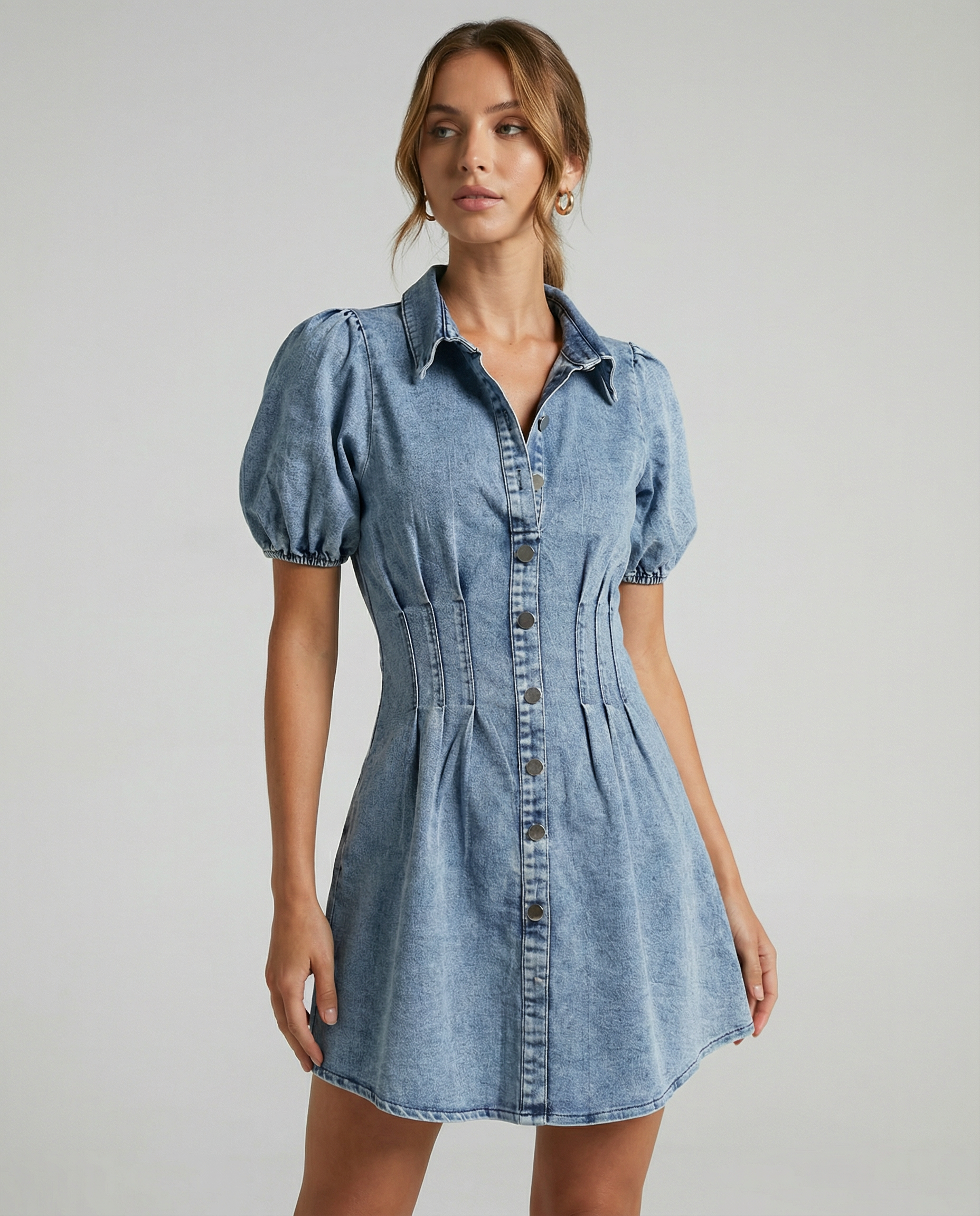 Summer Denim Dress – Puff Sleeve A-Line Style for Casual Outings