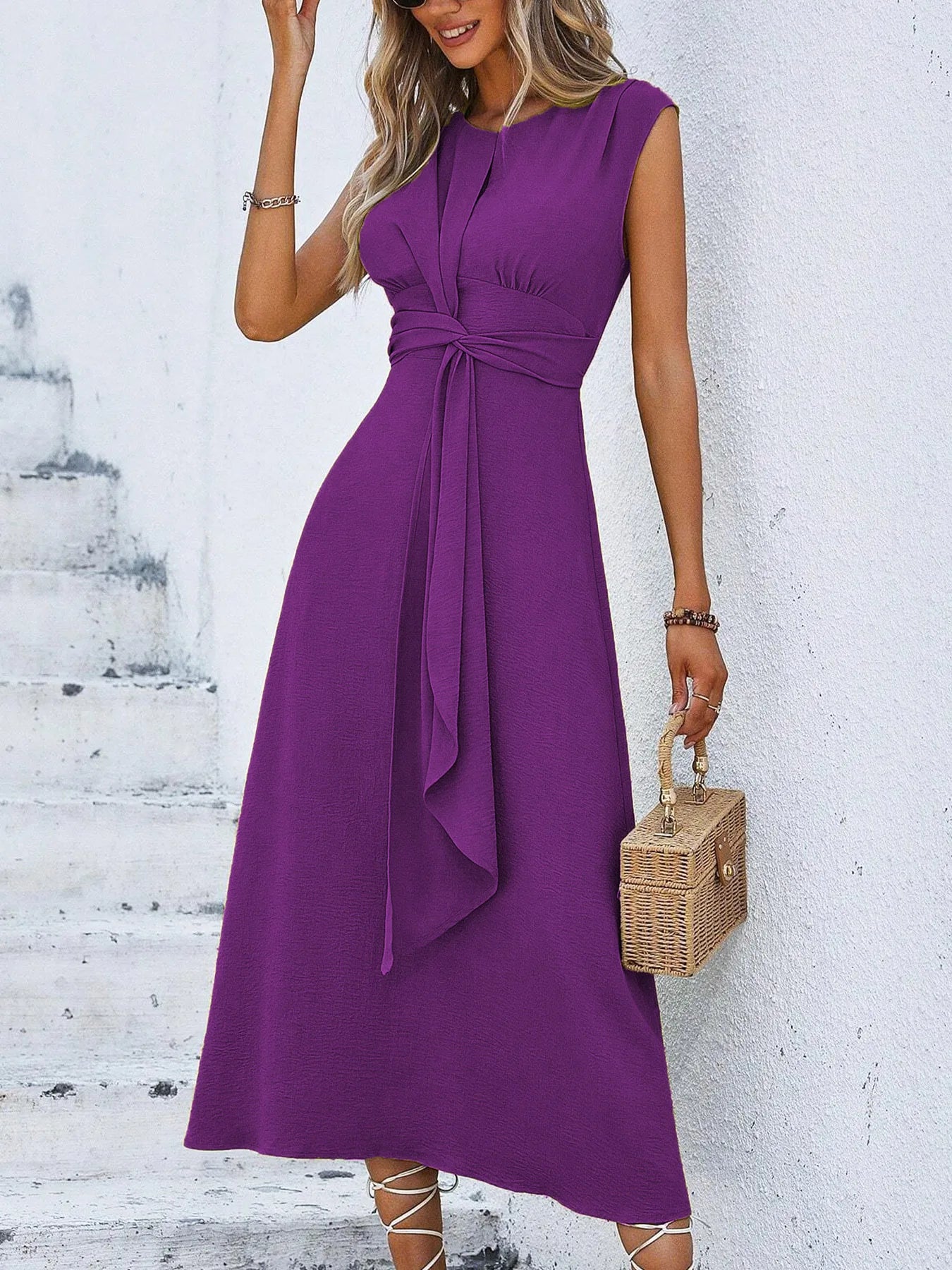 Summer Dress – Elegant Sleeveless Belted Midi for Casual or Formal Occasions — back close-up