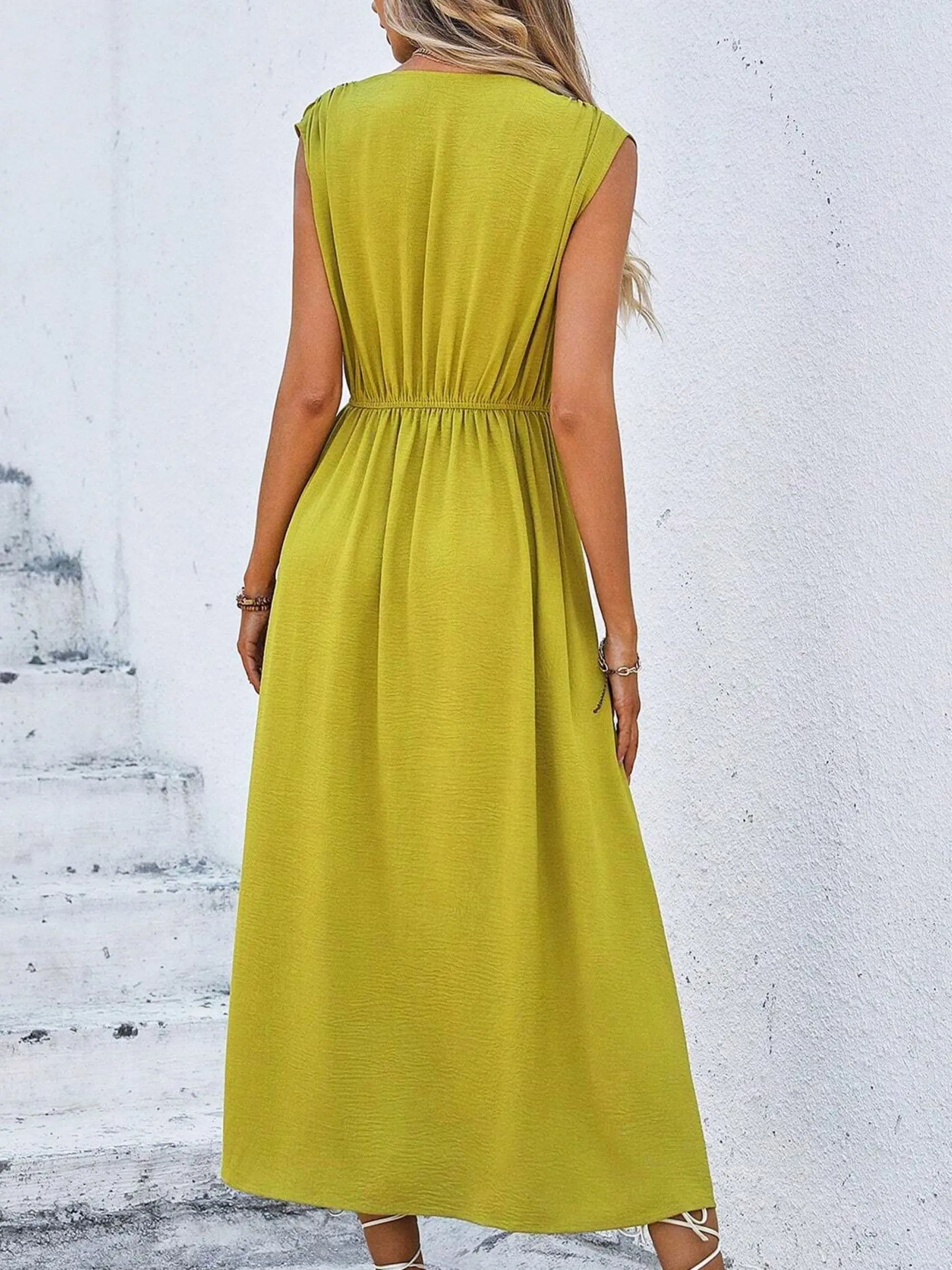 Summer Dress – Elegant Sleeveless Belted Midi for Casual or Formal Occasions — back view