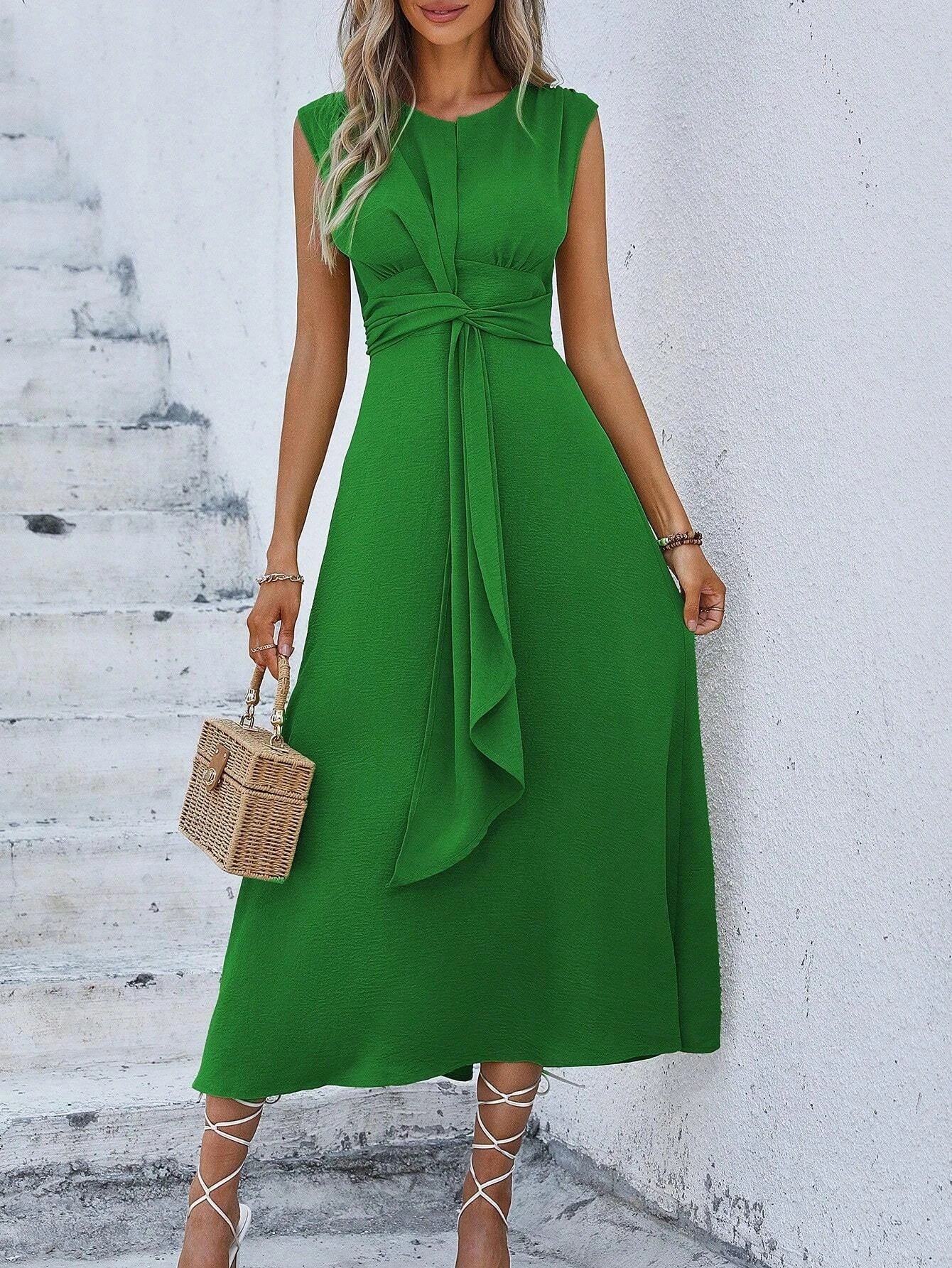 Summer Dress – Elegant Sleeveless Belted Midi for Casual or Formal Occasions — detail view