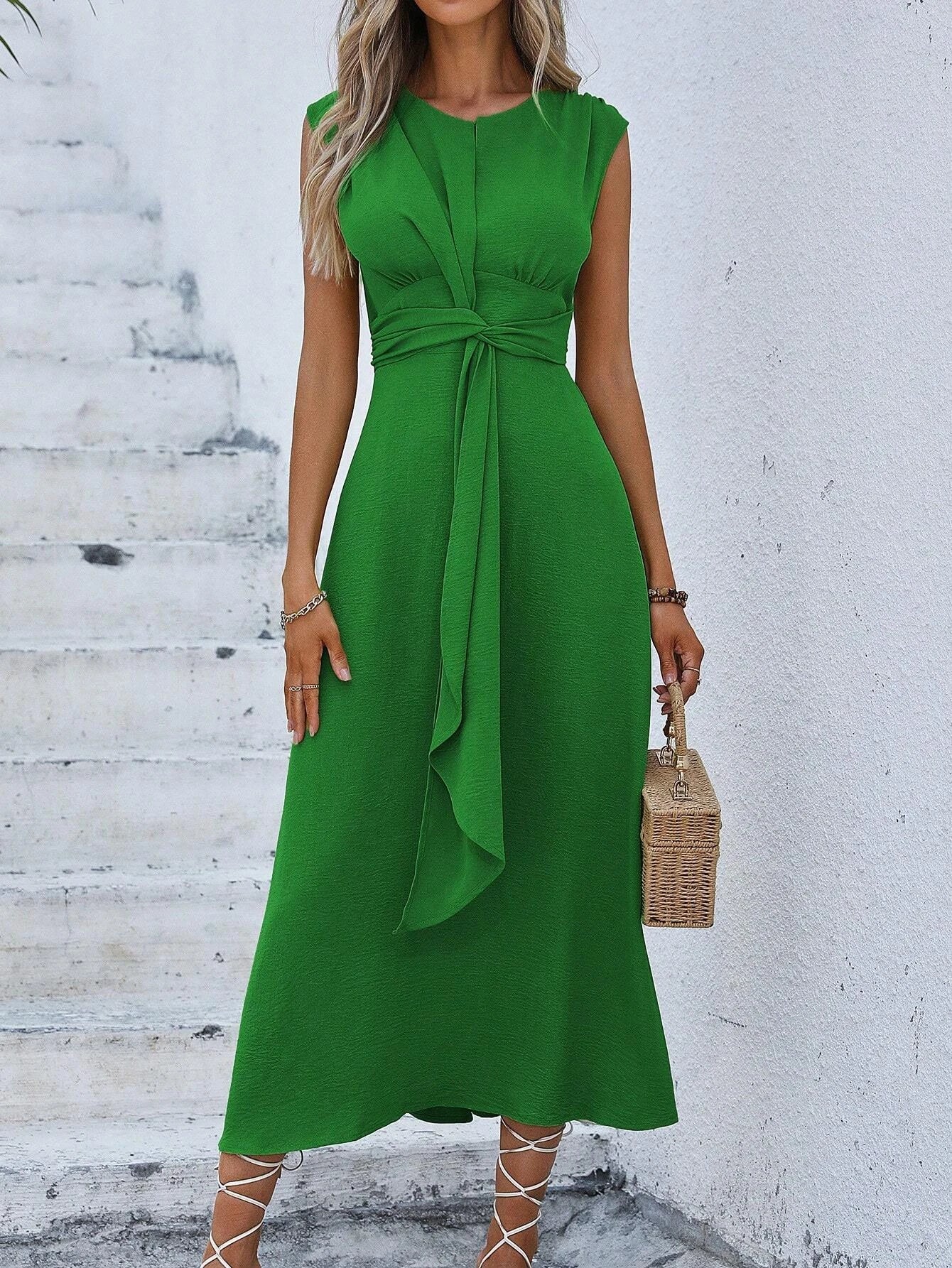 Summer Dress – Elegant Sleeveless Belted Midi for Casual or Formal Occasions — front close-up