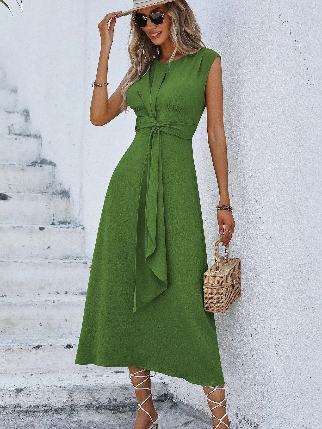 Summer Dress – Elegant Sleeveless Belted Midi for Casual or Formal Occasions — styling shot