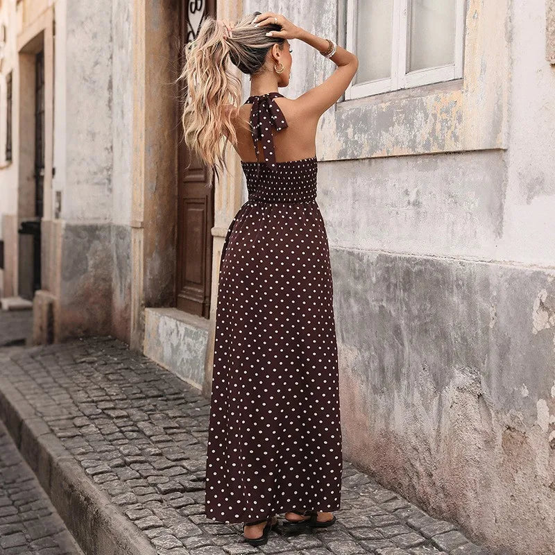 Summer Polka Dot Maxi Dress – Backless Deep V Neck for Warm-Weather Outings — back view