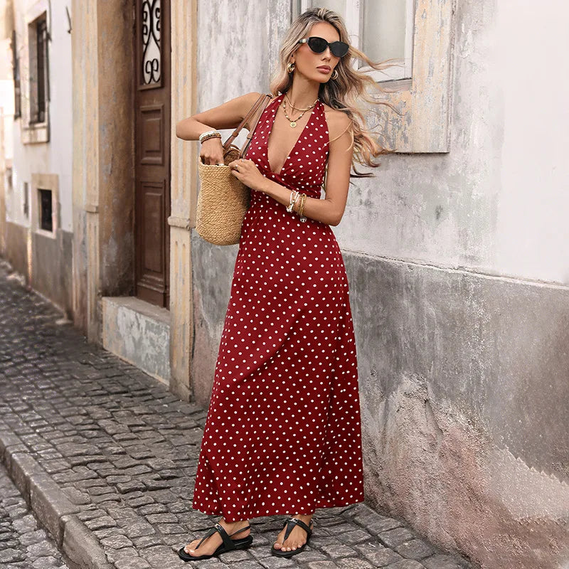 Summer Polka Dot Maxi Dress – Backless Deep V Neck for Warm-Weather Outings — detail view