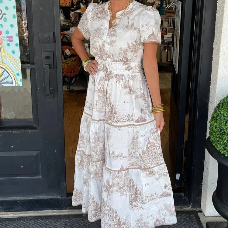 Summer Print Maxi Dress – Relaxed Fit V-Neck A-Line for Casual Outings — back view