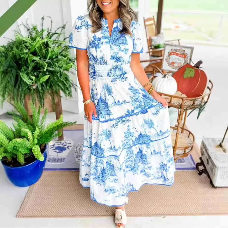 Summer Print Maxi Dress – Relaxed Fit V-Neck A-Line for Casual Outings — detail view