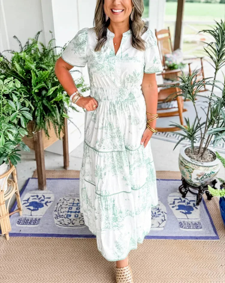 Summer Print Maxi Dress – Relaxed Fit V-Neck A-Line for Casual Outings — fabric detail