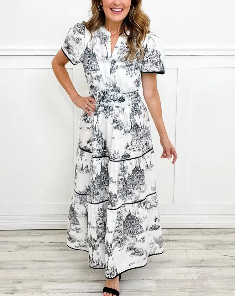 Summer Print Maxi Dress – Relaxed Fit V-Neck A-Line for Casual Outings — styling detail