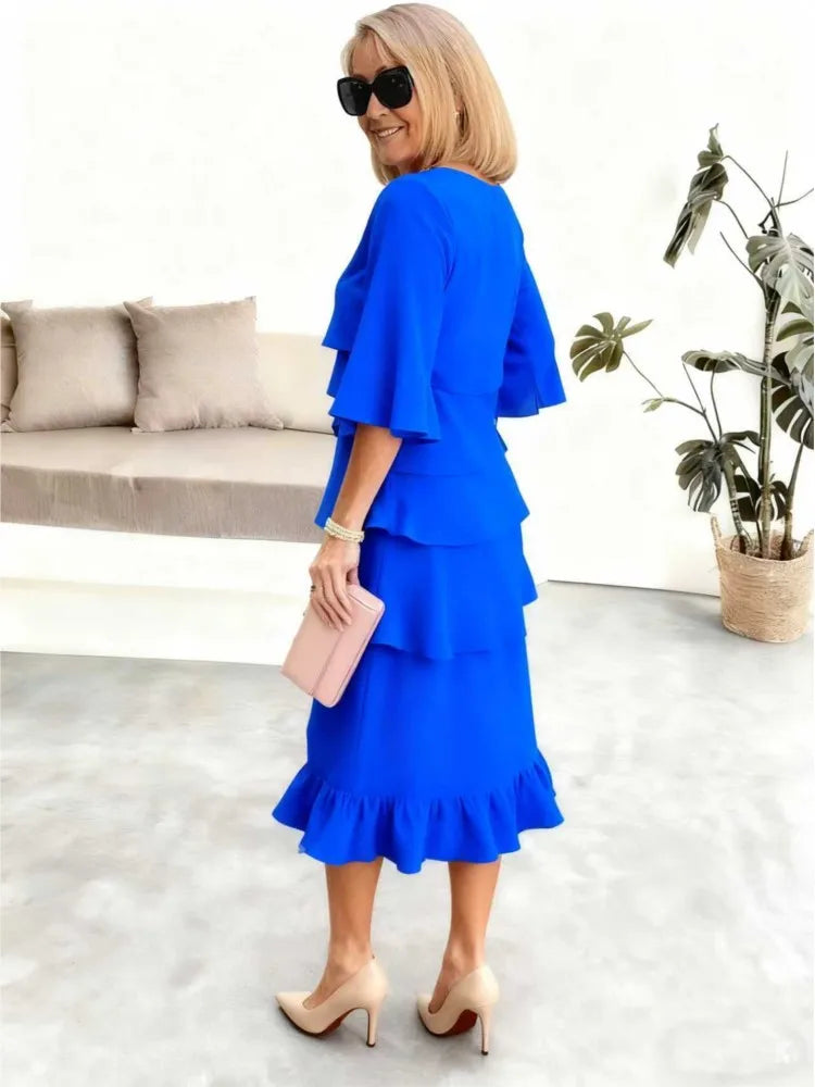 Summer Ruffle Dress – Elegant O-Neck Loose Fit for Casual and Formal Occasions — back view
