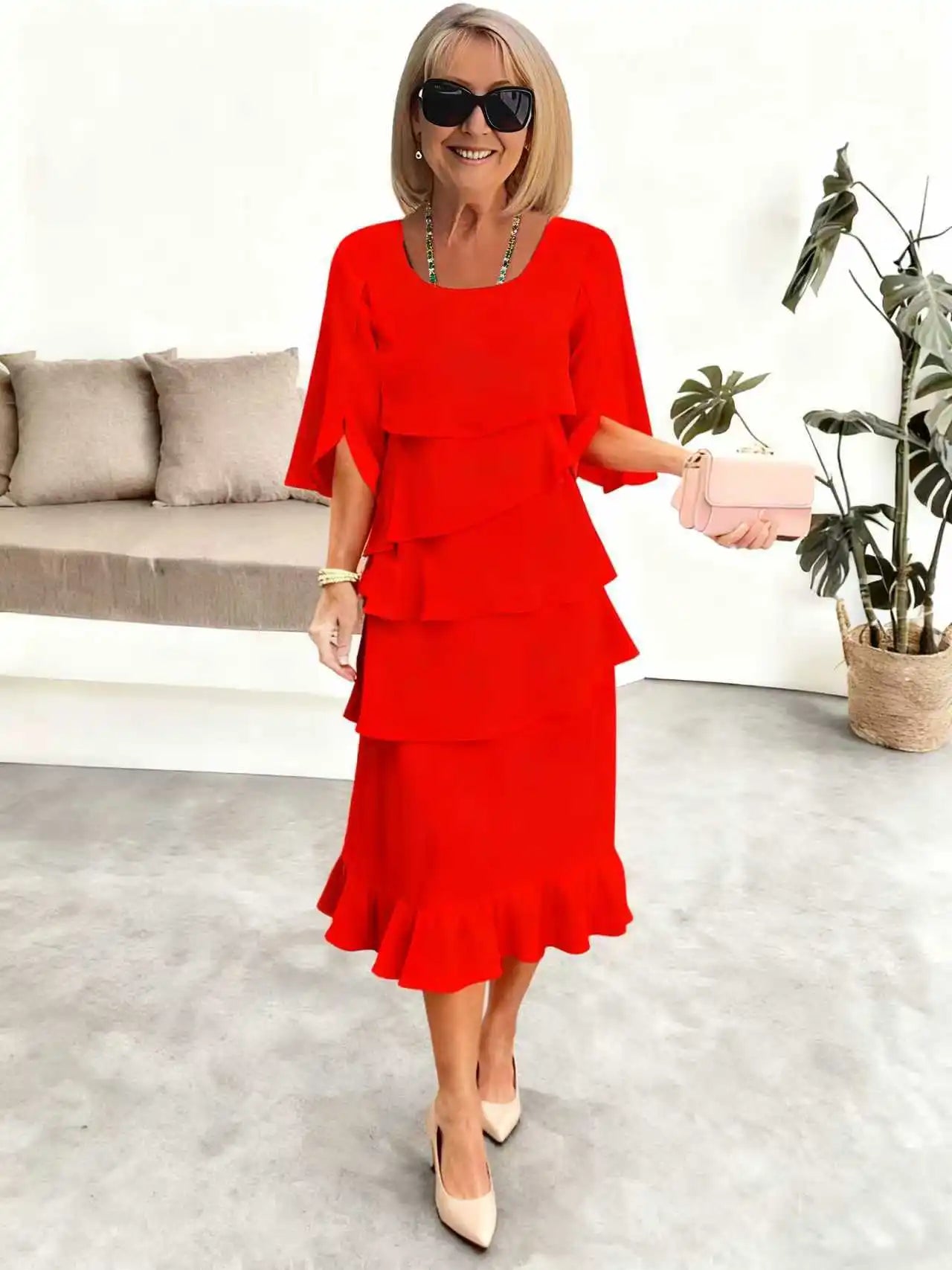 Summer Ruffle Dress – Elegant O-Neck Loose Fit for Casual and Formal Occasions — detail view