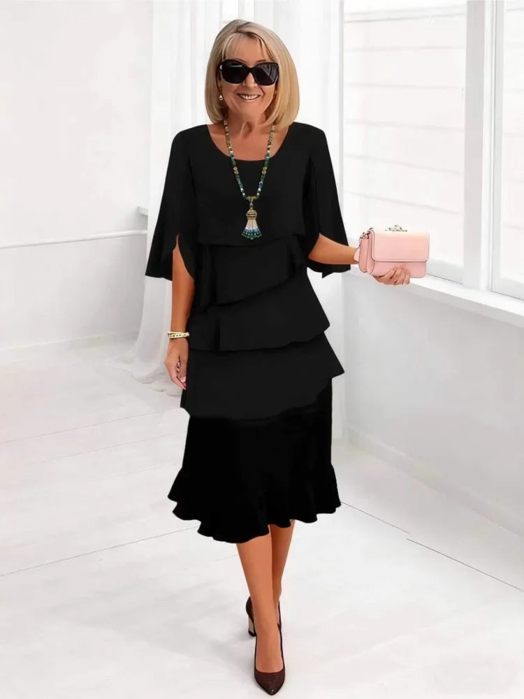 Summer Ruffle Dress – Elegant O-Neck Loose Fit for Casual and Formal Occasions — model wearing