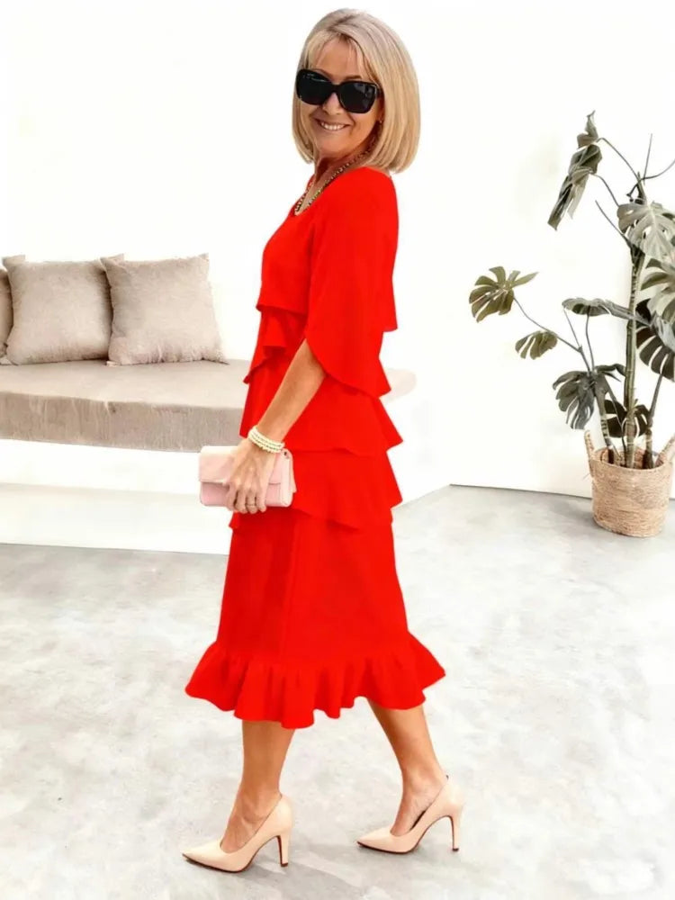Summer Ruffle Dress – Elegant O-Neck Loose Fit for Casual and Formal Occasions — side view