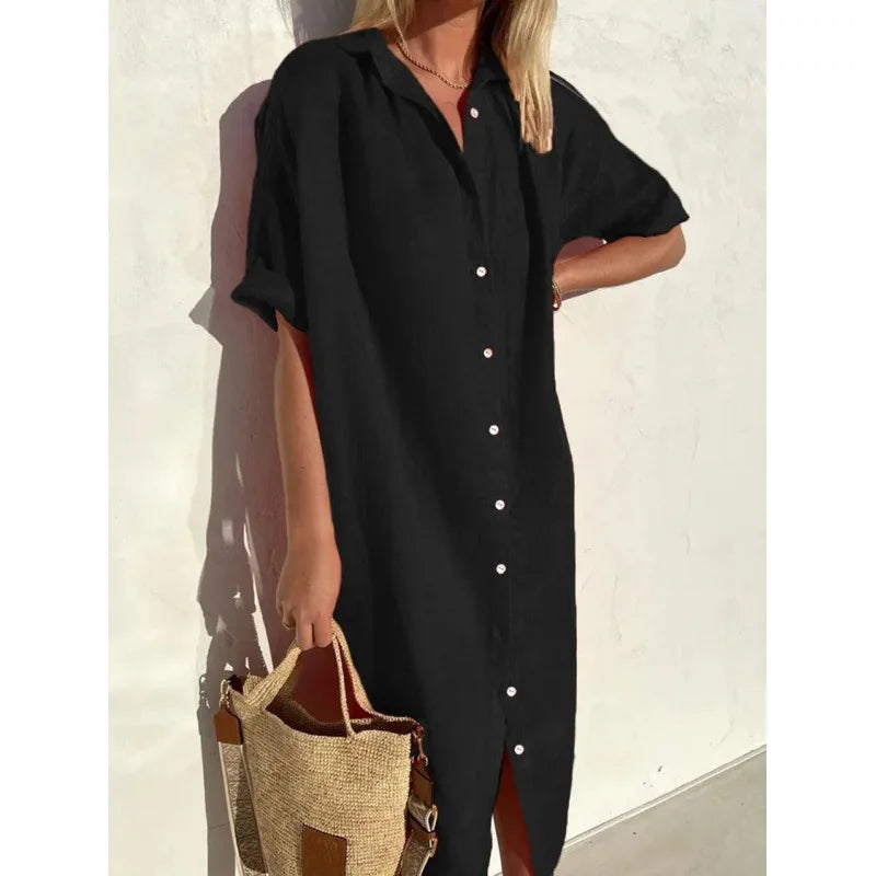 Summer Shirt Dress – Casual Loose Fit with Pockets for Effortless Warm Weather Style — back close-up