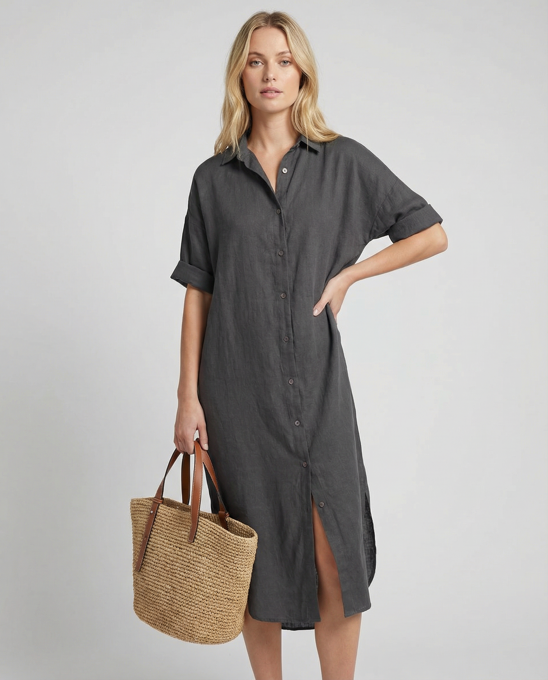 Summer Shirt Dress – Casual Loose Fit with Pockets for Effortless Warm Weather Style — back view