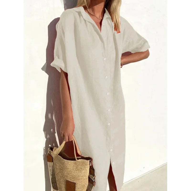 Summer Shirt Dress – Casual Loose Fit with Pockets for Effortless Warm Weather Style — close-up