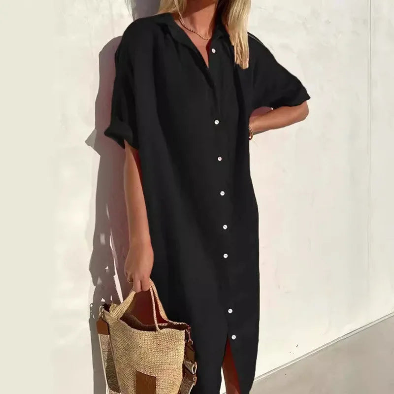 Summer Shirt Dress – Casual Loose Fit with Pockets for Effortless Warm Weather Style — detail view