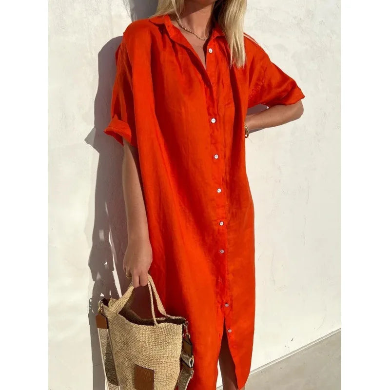 Summer Shirt Dress – Casual Loose Fit with Pockets for Effortless Warm Weather Style — fabric detail