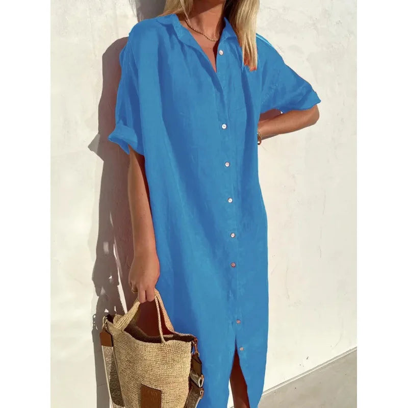 Summer Shirt Dress – Casual Loose Fit with Pockets for Effortless Warm Weather Style — fit overview
