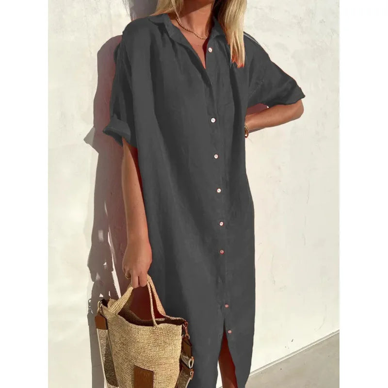 Summer Shirt Dress – Casual Loose Fit with Pockets for Effortless Warm Weather Style — front close-up