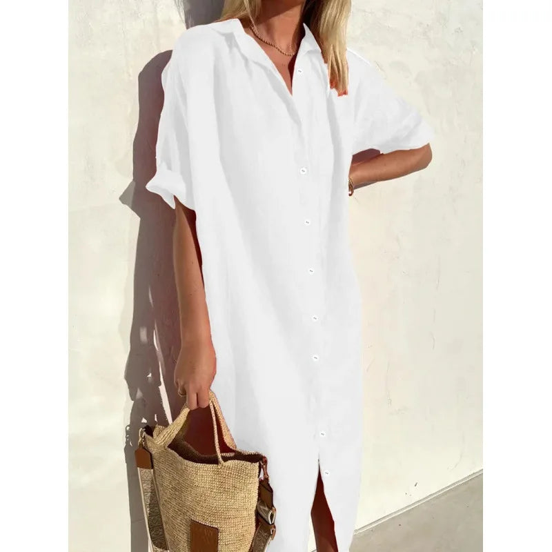 Summer Shirt Dress – Casual Loose Fit with Pockets for Effortless Warm Weather Style — model wearing