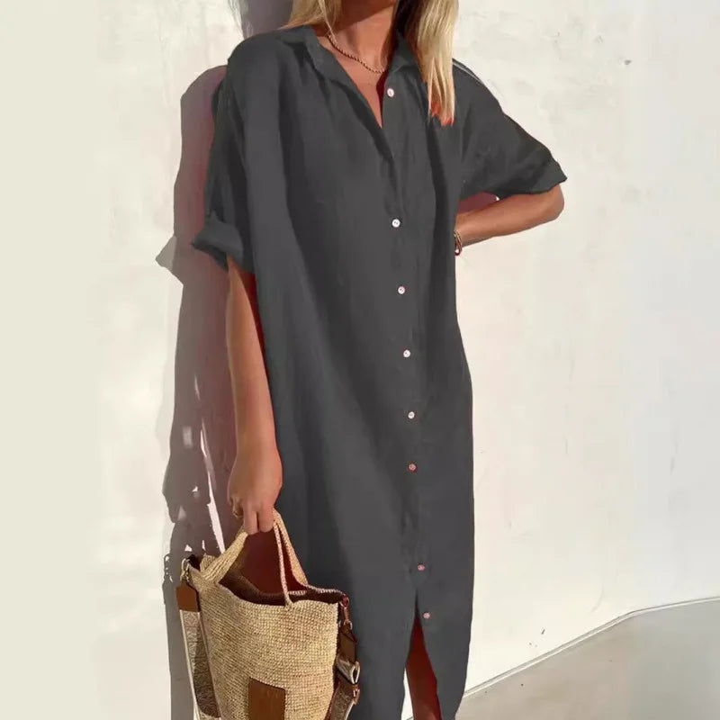 Summer Shirt Dress – Casual Loose Fit with Pockets for Effortless Warm Weather Style — styling detail