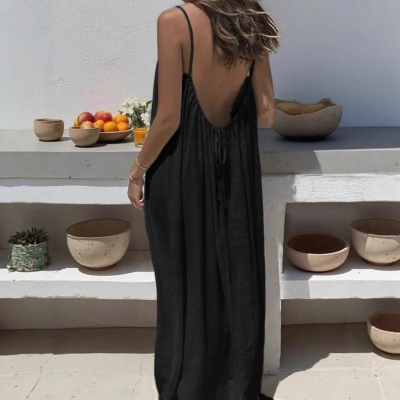 Summer Spaghetti Strap Dress – Casual Loose-Fit Lightweight Comfort — detail view