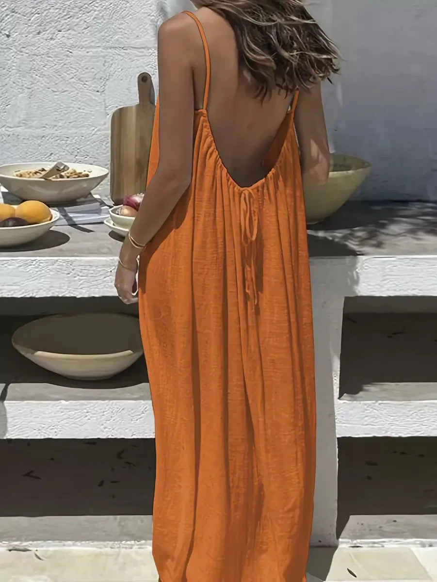 Summer Spaghetti Strap Dress – Casual Loose-Fit Lightweight Comfort — front close-up