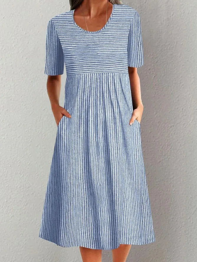 Summer Stripe Midi Dress – Casual O-Neck Design with Pockets for Effortless Warm Weather Style — back view
