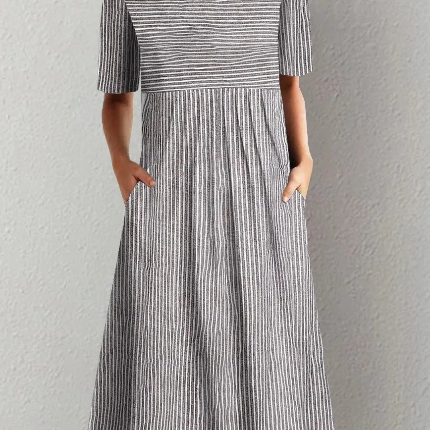 Summer Stripe Midi Dress – Casual O-Neck Design with Pockets for Effortless Warm Weather Style — detail view
