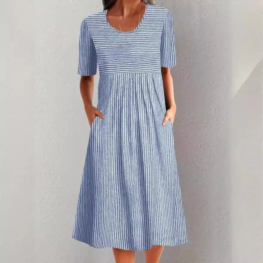 Summer Stripe Midi Dress – Casual O-Neck Design with Pockets for Effortless Warm Weather Style