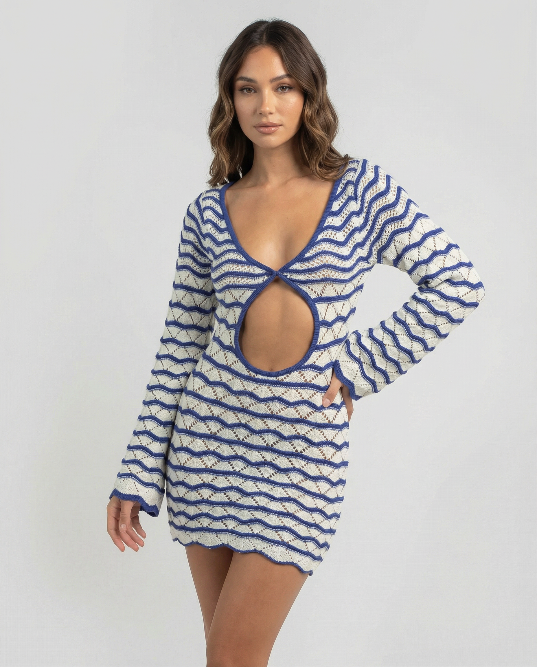 Summer Striped Beach Dress – Chic Hollow-Out Design for Stylish Vacation Wear — back view
