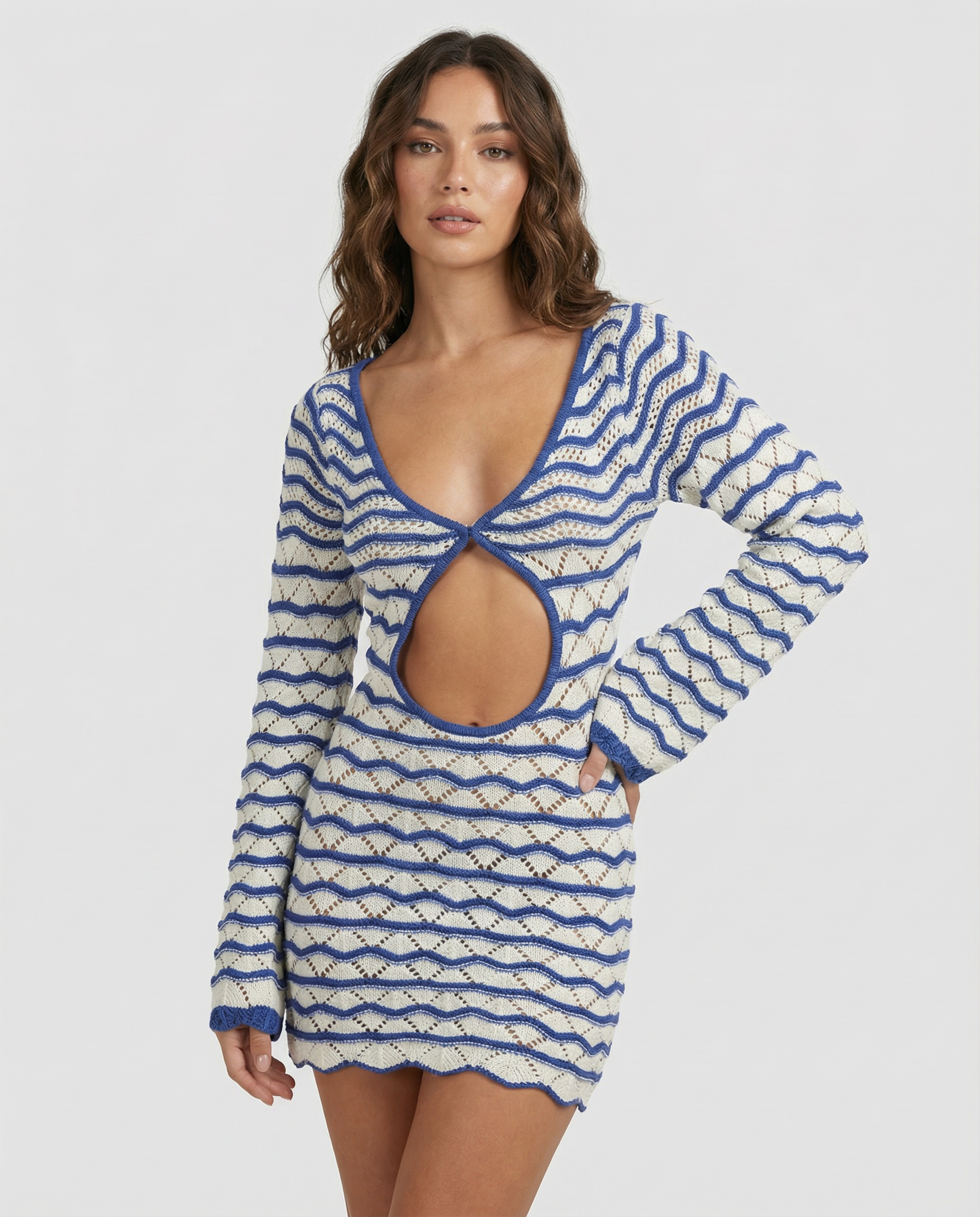 Summer Striped Beach Dress – Chic Hollow-Out Design for Stylish Vacation Wear — detail view