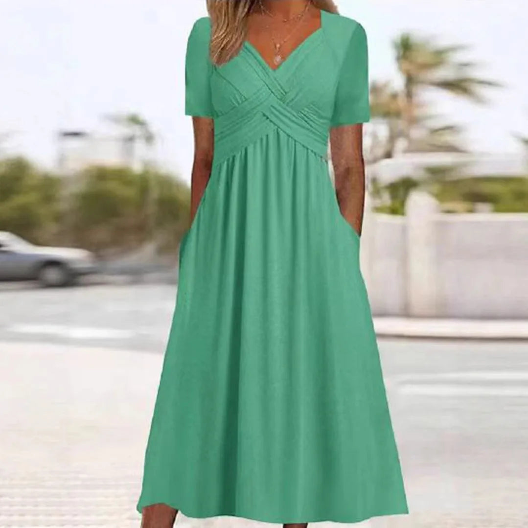 Summer V-Neck Dress – Stylish Casual Comfort for Warm Weather Outings — close-up