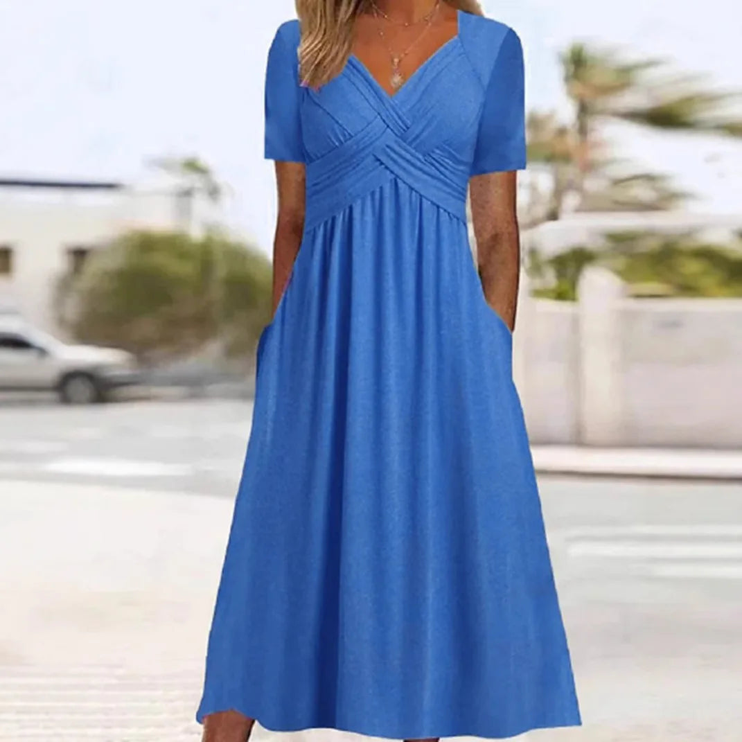 Summer V-Neck Dress – Stylish Casual Comfort for Warm Weather Outings — model wearing