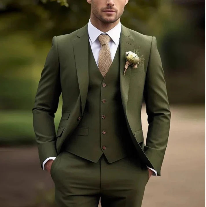 Tailored Peak Lapel Slim Fit Three-Piece Suit for Men — back view
