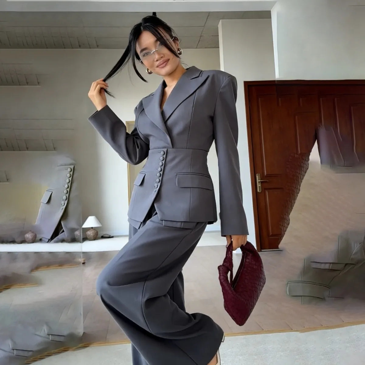 Tailored Suit – Notched Lapel Blazer & Wide-Leg Pants Ensemble — model wearing