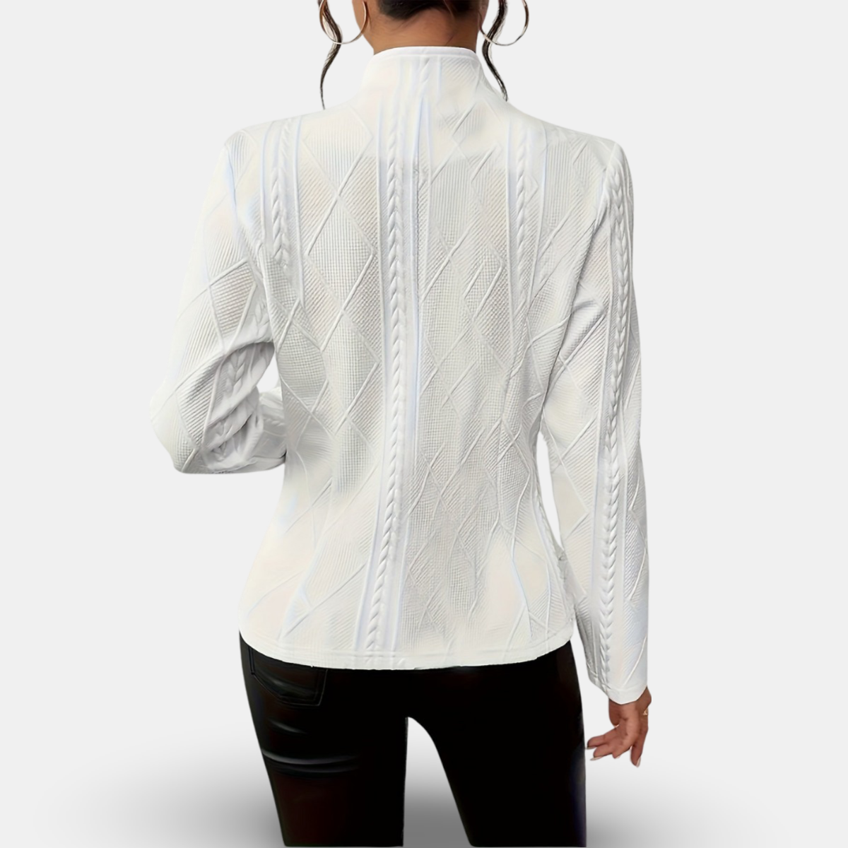 Textured Cable-Knit Blazer with Geometric Detailing and Button Closure — back view
