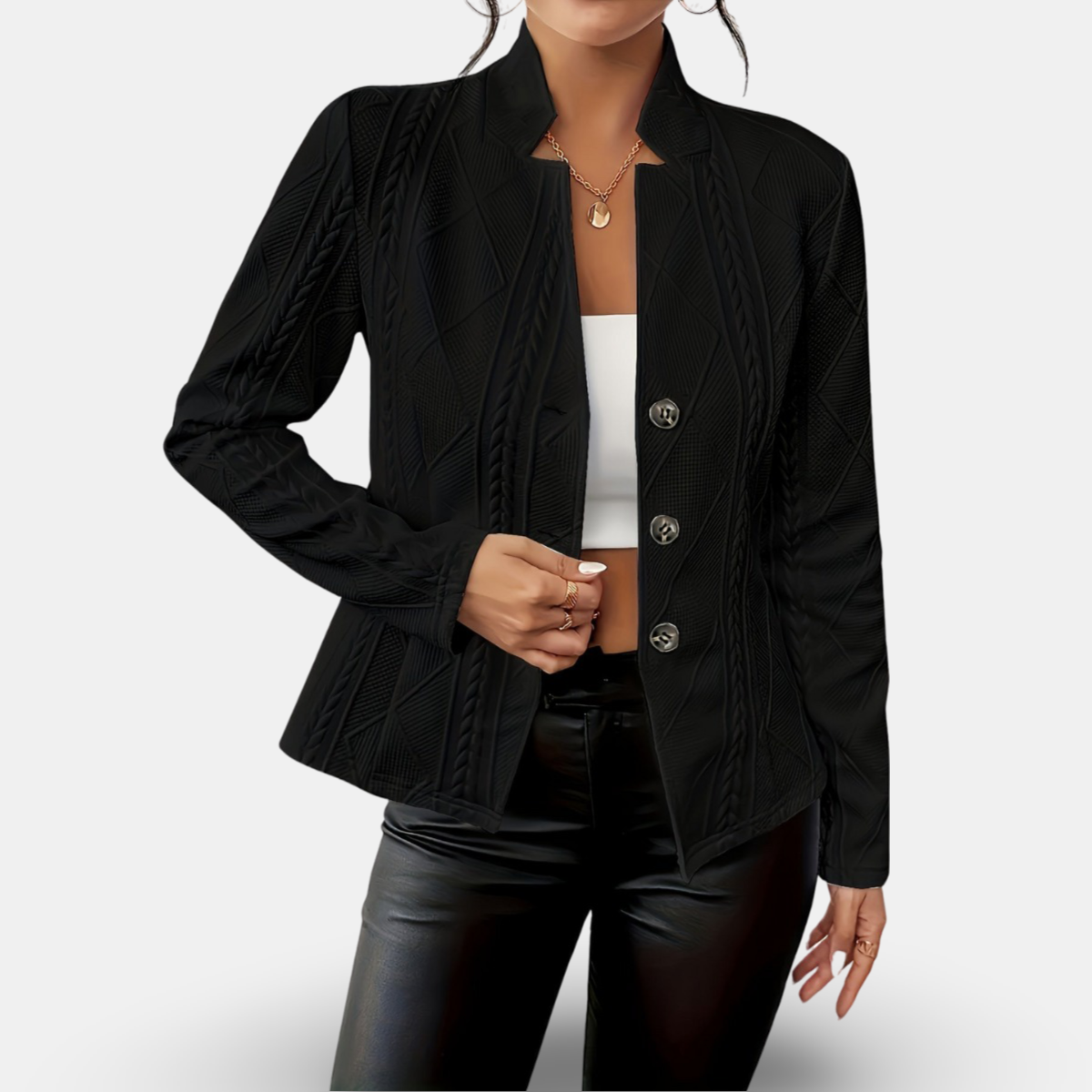Textured Cable-Knit Blazer with Geometric Detailing and Button Closure — side view