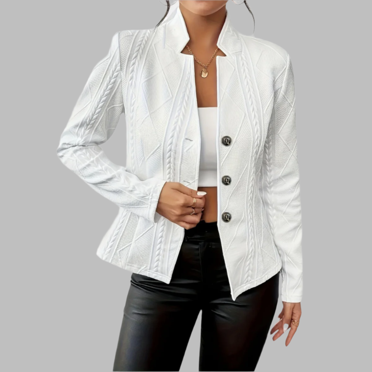 Textured Cable-Knit Blazer with Geometric Detailing and Button Closure