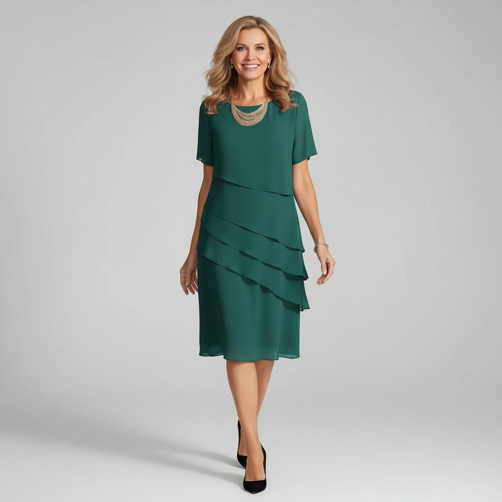 Tiered Chiffon Midi Dress with Flutter Sleeve Overlay — side view