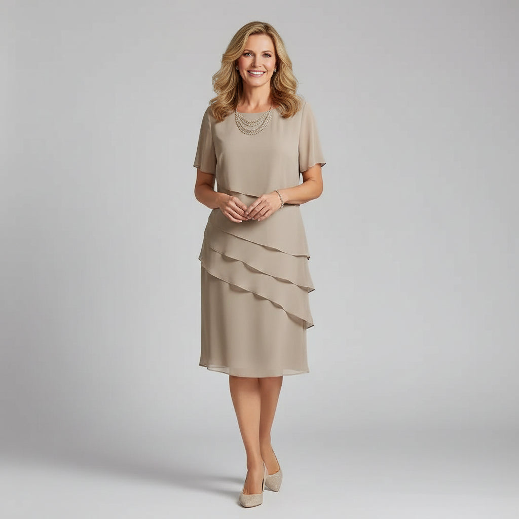 Tiered Chiffon Midi Dress with Flutter Sleeve Overlay